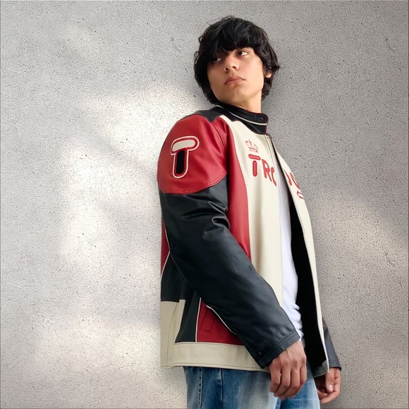 Men's Troop Red | White | Black Motorcycle Genuine Leather Jacket NWT - Picture 7 of 8